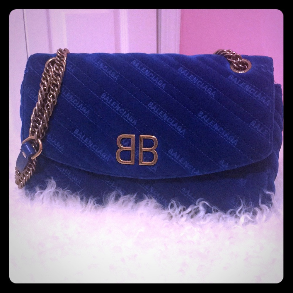 Balenciaga BB Round Blue Velvet Bag